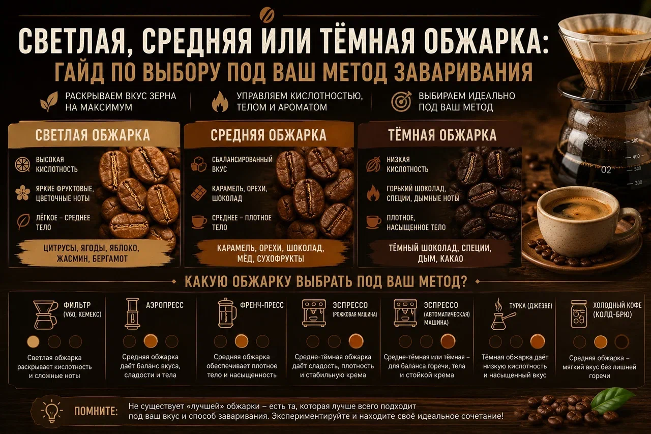  Кофе: Светлая, средняя или тёмная обжарка: гайд по выбору
