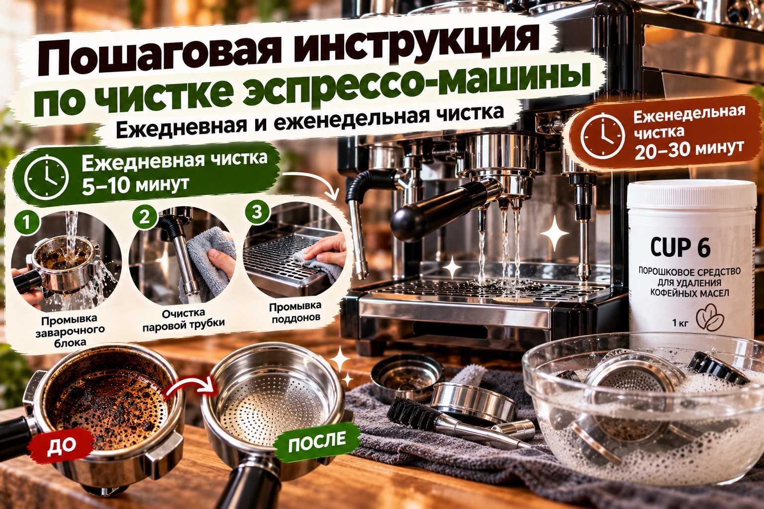 Пошаговая инструкция по ежедневной и еженедельной чистке эспрессо-машины