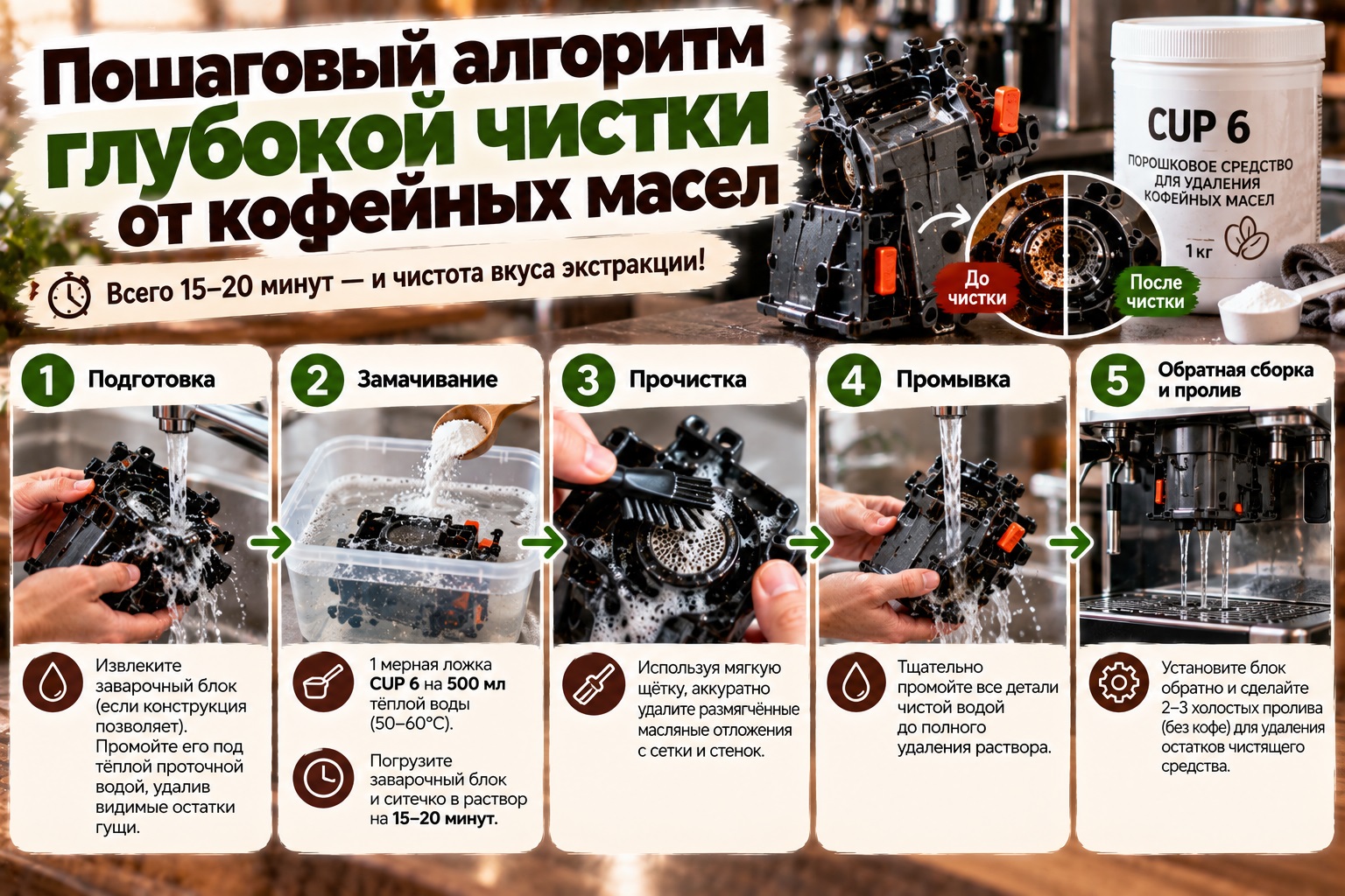 Пошаговый алгоритм глубокой чистки от кофейных масел