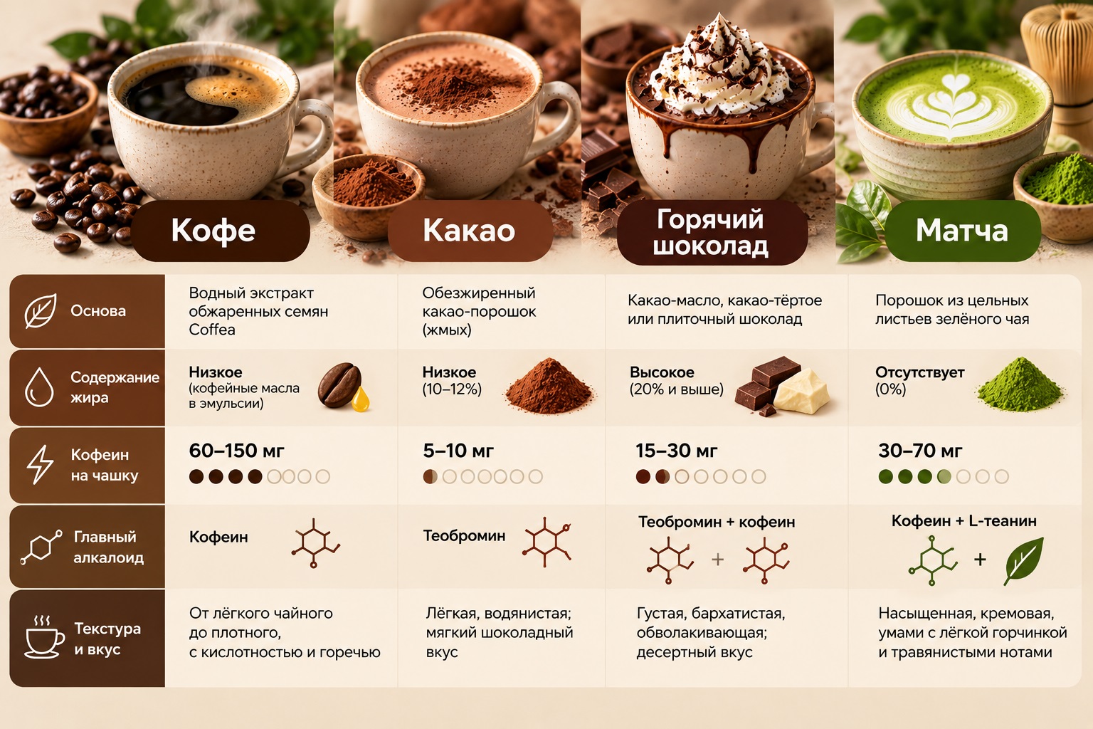 Краткое сравнение: кофе, какао, горячий шоколад и матча