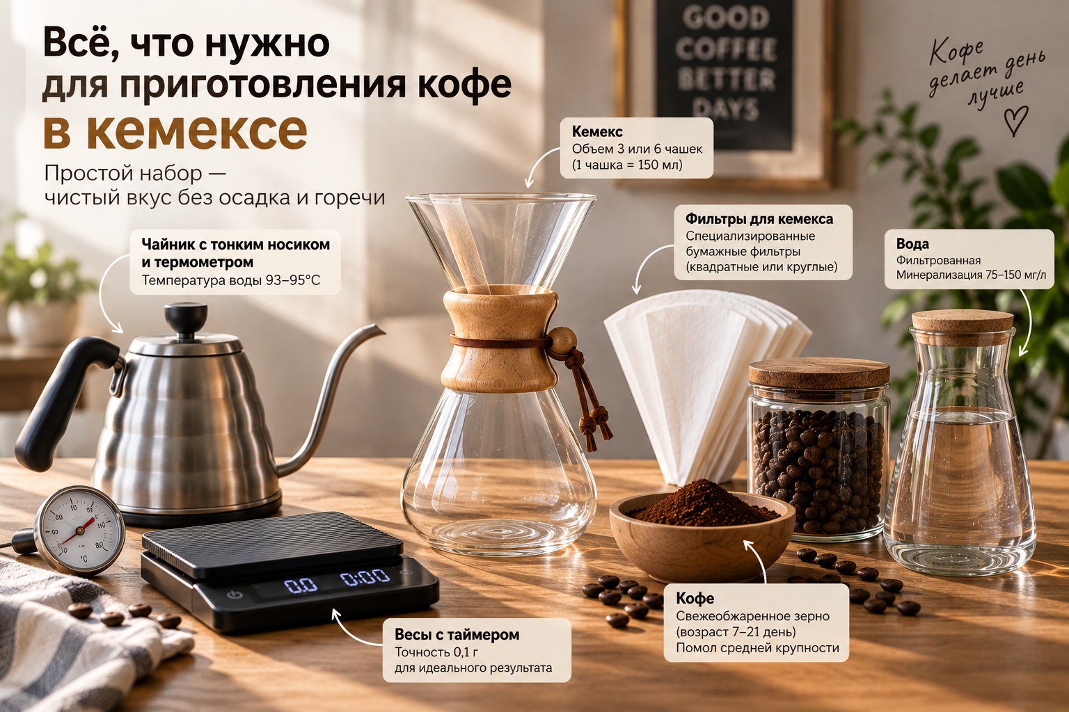 Необходимое оборудование и ингредиенты для приготовления кофе в кемексе